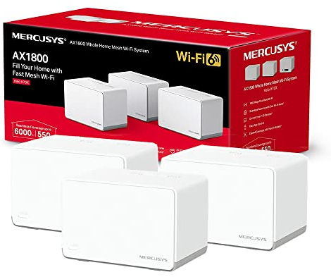 Mercusys AX1800 Whole Home Mesh Wi-Fi 6 System, Coverage up to 6,000 ft² (550 m²), Connect up to 150 Devices, 1024-QAM, Full Gigabit Ports, Dual Band Wi-Fi, Easy App Control, Halo H70X (3-pack)