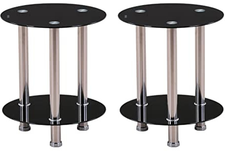 GOLDFAN Set of 2 Round Side Table Small Tempered Glass End Table 2-Tier Storage Sofa Table with Chrome Frame for Living Room Balcony,Black