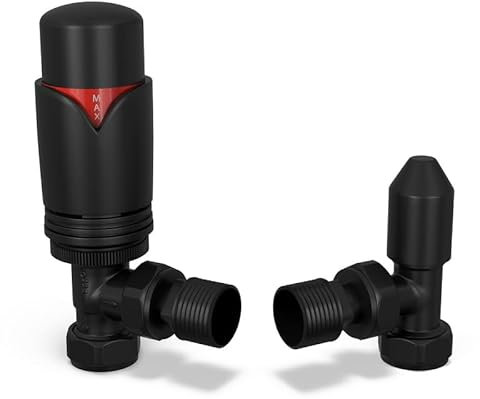 UK Radiators Black Thermostatic Radiator Valve and Angled Lockshield Valve - Matt Black Finish - Classy and Modern Design 1/2 x 15mm Angled Radiator Valve