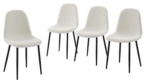 BAÏTA - Lot de 4 chaises Lena Tissu Bouclette écru Pieds métal Noir