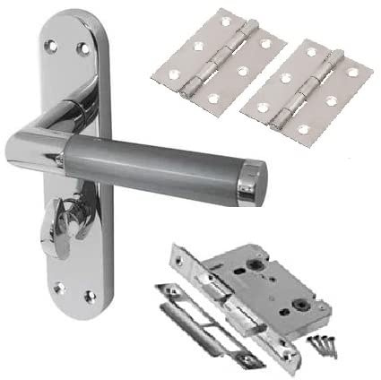 Golden Grace Bathroom Lever Door Handle Set Satin/Polished Chrome | Supplied with a mortise lock, 7.9mm spindle, fixings and 1 pair of 3-inch hinges on a generous 182mm x 45mm backplate.