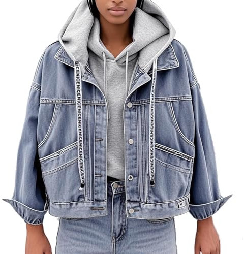 Damen Jeansjacke, Damen-Jeansjacke Modische Blaue Abnehmbare Kapuzen-Langarm-Jeans-Trucker-Jacke Mit Vintage-Lose-Waschung Faded Denim Coat Spring Transition Casual Outwear (S)
