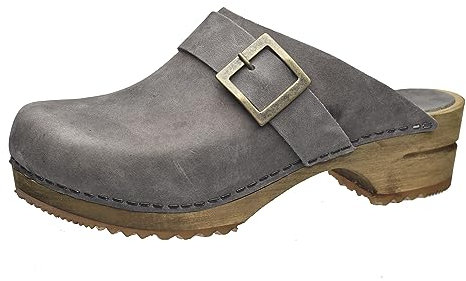 Sanita Urban Offener Clog | Original handgemacht | Leder-Holzclogs für Damen | Nachhaltige Materialen | Anthrazitgrau | 37 EU