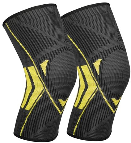Ruilala Kniestütze Kompression Kniebandage 2 Stück mit Rutschfestem Silikonstreifen Elastisch Knie Sleeve für Männer Damen für Arthritis ACL Meniskusriss Sport Fitness Gewichtheben Joggen (L, Gelb)