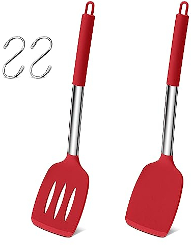 Herogo Silicone Spatula Turner, 2 Pcs Stainless Steel Cooking Spatula with S Hooks for Egg, Fish, Pancake, Meat, Non Stick Kitchen Utensils for Baking, Heat Resistant & Dishwasher Safe, Red