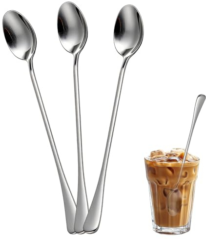 Tissting 3 Stück Latte Macchiato Löffel 20cm, Edelstahl Löffel Kaffeelöffel, Spülmaschinengeeignet, Silber Teelöffel für Latte Macchiato Eis Kaffee