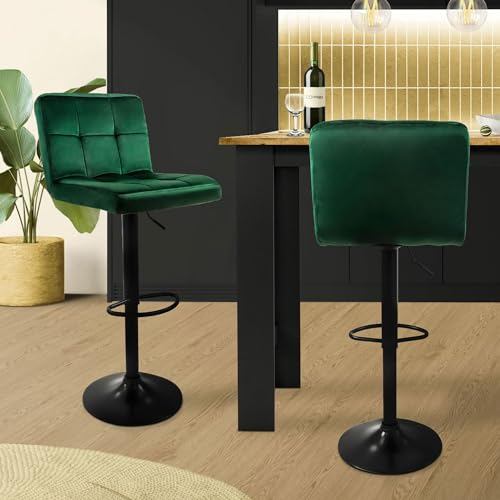 ML-Design Barhocker 2er Set, Bezug aus Samt, Grün, Gepolsterter Barstuhl mit Rückenlehne und Fußstütze, Tresenhocker höhenverstellbar 63-83cm, 360° drehbar, Bistrohocker Hocker Drehstuhl Barstühle
