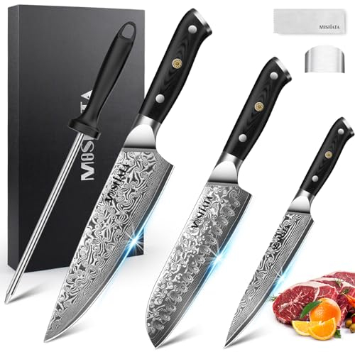 MOSFiATA Damascus Chef Knife Set 3PCS- Professional Sharp 8 Chef Knife 7” Santoku Knife and 5” Utility Knife, VG-10 High Carbon Stainless Steel with Finger Guard, Sharpener Rod Gift Box