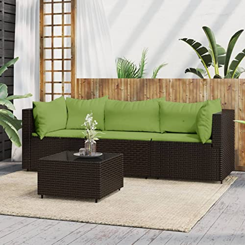 NITCA 4-TLG. Balkon Lounge Klein Rattan,Balkon Ecksofa Klein Braun und Grün,Lounge Klein Balkon,Balkonlounge,Lounge Moebel Balkon Klein mit Kissen,Balkonmöbel Rattan(2xEckteil+Mittelteil+Tisch)