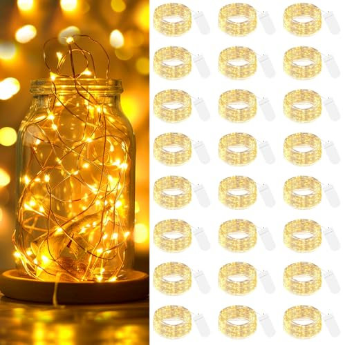 btfarm 24 Pack LED Fairy Lights Battery Operated, 2M/7FT 20LED Small String Lights Battery Powered Waterproof Silver Wire Warm White Mini Bottle Lights Indoor Outdoor for Jars Bedroom Christmas Party