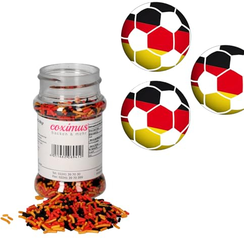 Cake Company – essbares Fußball-Set „Deutschland“ | mit Zuckermix in schwarz, rot, gold & 25x Tortenaufleger Fussbälle | Zuckerkonfetti Dekoset für Muffins, Kuchen, Cupcakes uvm.