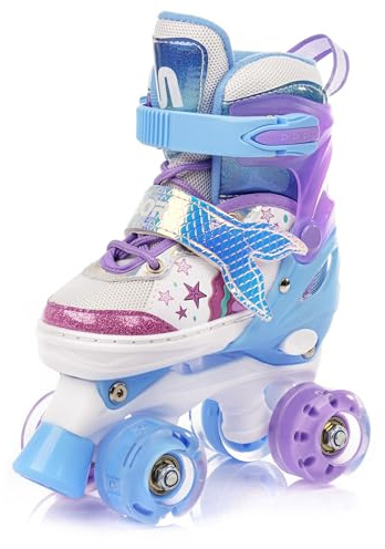 meteor Kinder Rollschuhe mit LED-Lichtern und Verstellbarer Größe – Retro Roll-Skates für Jugendliche – Mehrfarbige Disco Roll-Schuhe Bunte Retro Quad Skates - Roll ab!