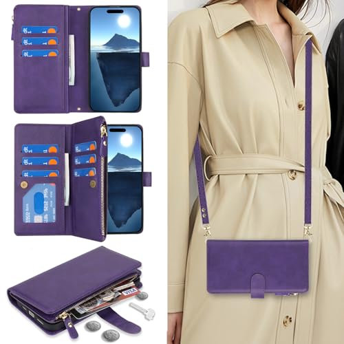 Cavor Compatible with iPhone 16 Pro Max Case With Card Holder With Strap,Flip Leather Crossbody Women Wallet Case,[9 Card Holders][2 Lanyards],Cover Phone Case - Purple