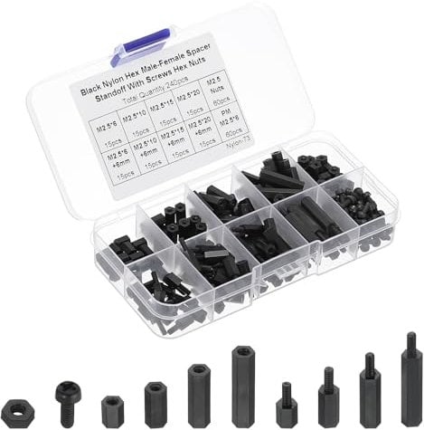 PATIKIL M2.5 Male Female Nylon Hex Spacer Standoff Kit, 240Pcs Motherboard Standoffs Assortment Kit, Electrical Outlet Spacers, Screws Nuts for PCB Motherboard, Circuit Board, Black