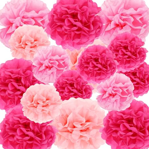Lot de 16 pompons en papier rose vif à suspendre pour décoration de fête, décoration murale florale pour décoration de chambre rose, fleurs géantes pour mariage, fête prénatale et fête