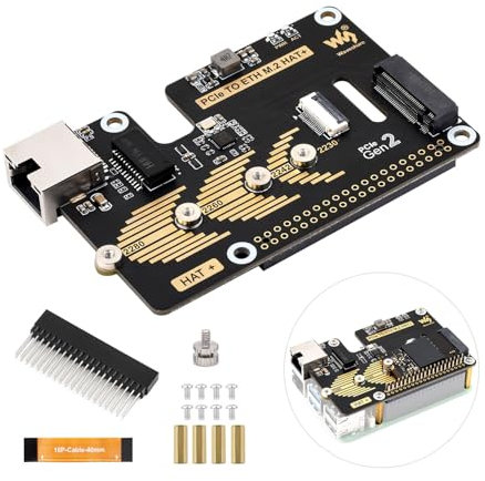 Waveshare PCIe to ETH and M.2 Adapter for Raspberry Pi 5, Plug and Play, Compatible with 2280/2260 / 2242/2230 Size NVMe Protocol M2SSD, 5Gbps Data Rate, High-Speed Reading/Writing, Pi5 NVMe HAT