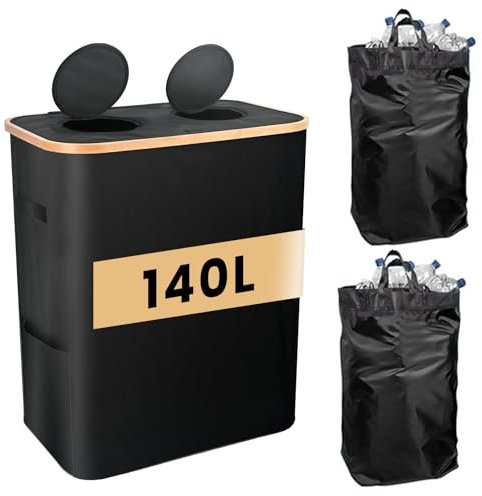 Homwiz Botellas de depósito de 140 L, 2 compartimentos, recipiente con 2 bolsas extraíbles, colector de botellas grandes, vacío, papel usado, botellas de plástico, contenedor para botellas de depósito