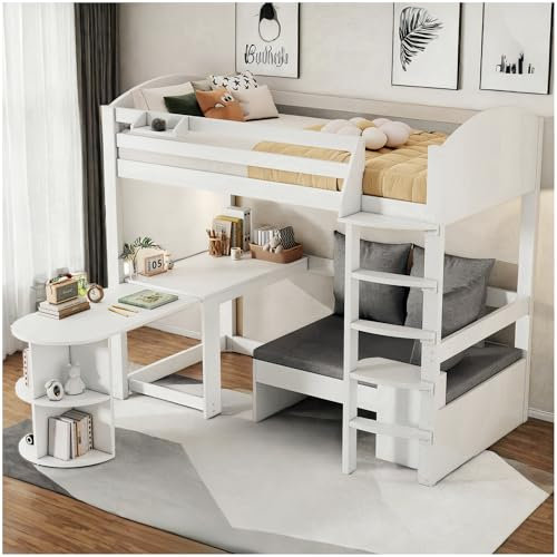 Sapgaks Lit Mezzanine Enfant 90x200cm,Lit Enfant Multifonctionnel avec Espace de Rangement,lit Mezzanine avec Bureau et canapé avec Trois Coussins et Coussins,sans Matelas,Blanc