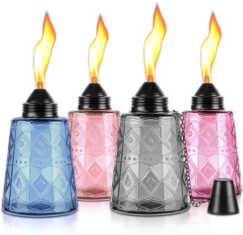 Linternas de cristal para mesa, paquete de 4 antorchas de citronela para exteriores (paquete de 4 unidades, rojo, morado, azul y negro)