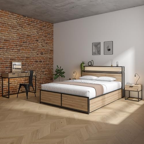 X-Rocker Denver Double Ottoman Bed Frame with Ambient RGB LED Lighting, Wireless Charging & Underbed Storage, Double 4ft6 Bedstead, App Controlled Lighting Wood and Metal XR LIVING - Oak/Black