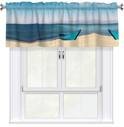 ESNAIUVCD Boat And Sea Print Curtain Valances,Semi Sheer Kitchen Windows Valances, Rod Pocket Short Window Treatment Light Filtering Decor Valances For Kitchen Living Room Bedroom Windows - 54X18