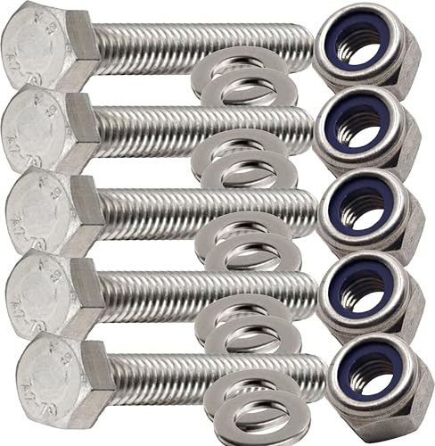 Set di bulloni a testa esagonale, M4 x 10 mm, con dadi e rondelle, completamente filettati, in acciaio inox A2, confezione da 5