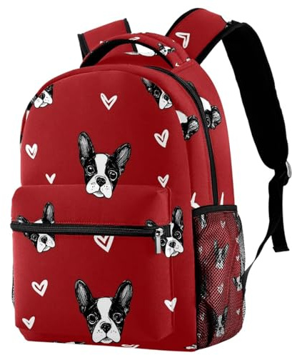 KengjuTesu Campus Backpack Travel Daypacks French Bulldog Hearts Red School Rucksack Bookbag with Bottle Holder for Girls Boys