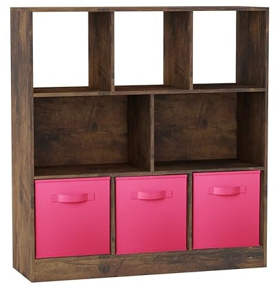 URBNLIVING Rustic Brown 8-Cube Asymmetrical Bookcase with 3 Drawer Inserts – Wood Storage Unit and Shelving Organizer- Dark Pink