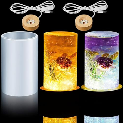 joonnair DIY Runde Silikon Form mit Holz LED Lichtsockel, DIY Lustige kleine Schreibtischlampe, LED Lampe Epoxidharz Formen, für DIY Kunst, Kerzen, Seifenherstellung, Feiertage und Geburtstage,5*8,5CM