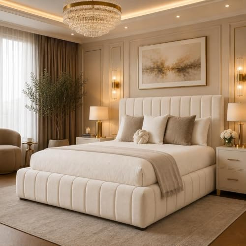 6FT Super King Ottoman Storage Solid Divan Base Bedframe With Headboard And Mattress Upholstered In Plush Velvet Cream Bed End Lift (Cream Plush, 6FT Super King With End Lift Storage And Mattress)