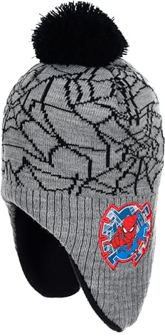Marvel Spiderman Kinder Wintermütze Jungen mit Bommel Lizenzartikel – Strickmütze mit Fleecefutter und Ohrenschutz – warme Bommelmütze für Jungen – Grau oder Rot