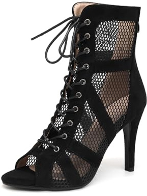 YCALCP Botas de Baile Latino Mujer Botines Punta Abierta con Cordones Zapatos de Baile de Salsa Estándar, 789RM, Negro, 9,5 cm Talón, 40 EU
