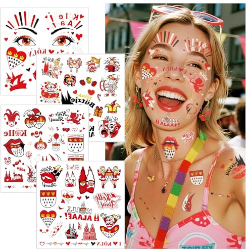 4 Blatt Karneval Gesichtstattoo Set Köln Stil, Rot Weiß Kölle Alaaf Face Sticker mit Glitzer, Karnevalsgesichtsaufkleber, Selbstklebende Tattoos für Damen Herren Kinder, Fasching & Karneval