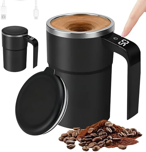 Suevut 380ml Magnetische Selbstrührende Tasse mit Temperaturanzeige, USB-Aufladbar 304 Edelstahl, Intelligente Becher mit Deckel für Kaffee, Milch und Andere Getränke