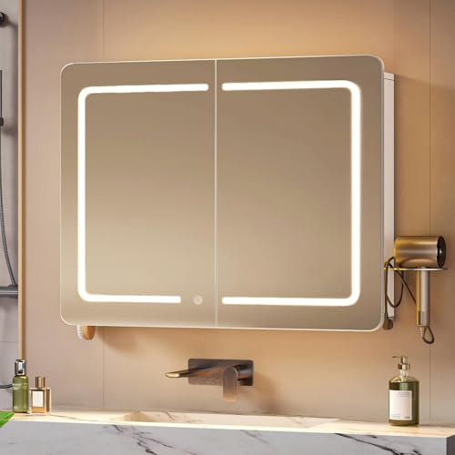 Hzuaneri Spiegelschrank Bad mit Beleuchtung, 3 Farbtemperaturen | Badezimmer Spiegelschrank, Badezimmerschrank mit Spiegel und Verstellbarem Regal, 16,5 x 70 x 60 cm Weiß MC30203XEU