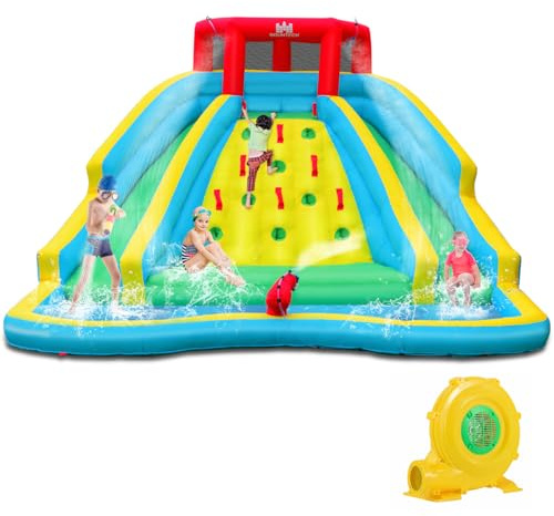 COSTWAY Hüpfburg mit Gebläse, Rutsche, Kletterwand, Planschbecken & Wasserkanone, Wasserhüpfburg für Kinder, Wasserpark für Außenbereich, 452 x 365 x 233 cm