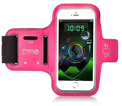 Fitness Guru Running Armband Phone Holder Compatible with iPhone X, 8, 7, 6 Samsung S9 and all Smartphones up to 5.2 inches - Sweat Resistant Universal Sports Strap with Key, Card, Earphone Cable Holders (Pink)