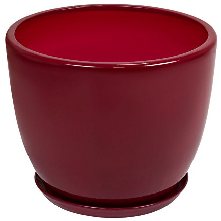 Pot de Fleur ceramique Baril avec Support Soucoupe Hauteur 25 cm diametre 30.5 cm Rouge