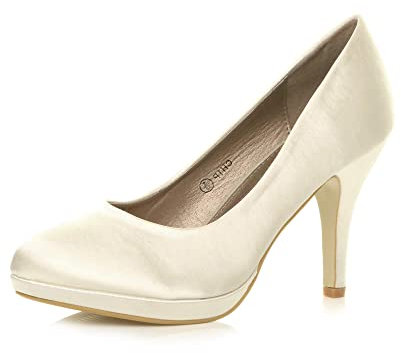 Womens Ladies mid high Heel Platform Work Evening Court Shoes Pumps, Ivory Satin, 7 UK
