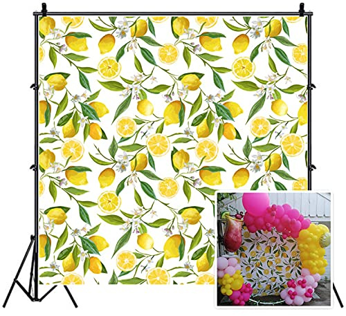 Leyiyi 2,4 x 2,4 m Fotohintergrund, Nahtloser Zitronen-Hintergrund, Babyparty, Amazonas, Busch, Orangenbäume, frisches Obst, Aquarell, Blätter, Tapete, Happy Birthday Banner, Foto-Porträt, Vinyl,