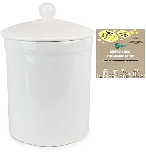 White Ceramic Compost Caddy & 2 Filters - Portland Kitchen Ceramic Compost Bin for Food Waste Recycling