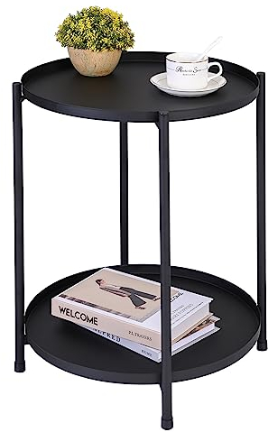 H JINHUI 2-Tier Round Side Table, Black Metal Tray End Table, Anti-Rust and Waterproof Snack Table Coffee Table, Nightstand Sofa Tables with Metal Tray for Living Room Bedroom Balcony