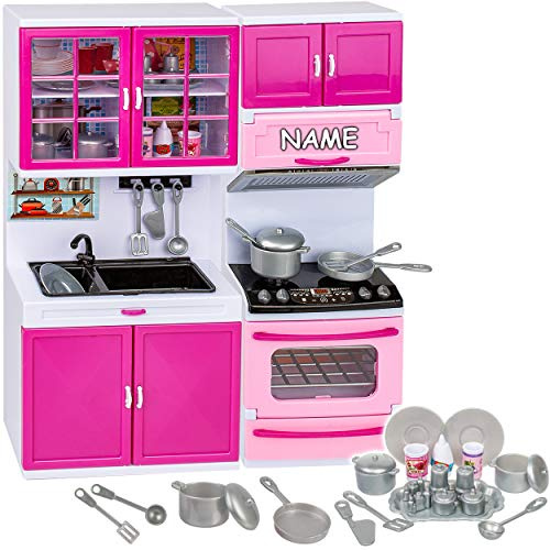 alles-meine.de GmbH Puppenhaus Möbel - Sound & Licht - Modellwahl - 31 cm groß - Spüle + Vorratsschank + Backofen + Herd - mit Zubehör - inkl. Name - Miniatur Puppenstube Küche -..