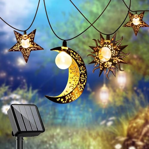 Solar-Lichterkette für den Außenbereich, Stern, Mond, Sonne, 3 m, 30 cm, LED, solarbetrieben, dekorative Lichter für Garten, Terrasse, Hof, Bäume, Weihnachten, Party (warmweiß) (Stern, Sonne)