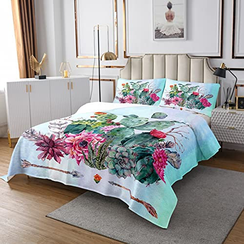 Homewish Kaktus Tagesdecke 240x260, Weiß Grün Aquarell Kaktus Bettwäsche Set Landschaft Sukkulente Rosa Blumen Bettdecke Set, Wüstenpflanze Natürliche Tagesdecke Quilt Set, Grün Weiß