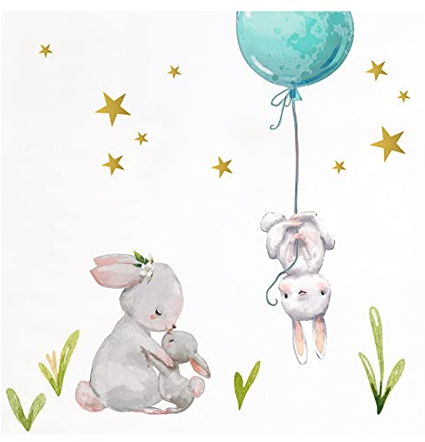 Little Deco Öko Wandtattoo Wandsticker Kinderzimmer Hasen mit Ballon mint Babyzimmer Deko Kinder Spielzimmer Wandaufkleber ohne Chlor und Weichmacher DL209-20