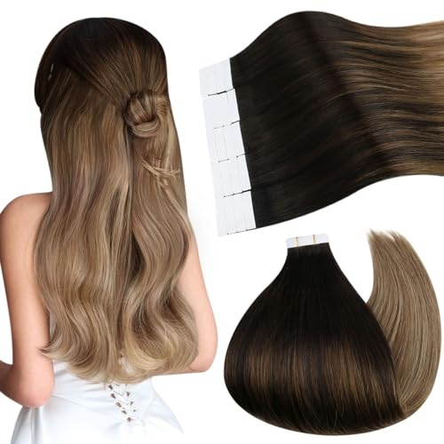 Ugeat Extensions Echthaar Tapes 50cm Seamless Tape Extensions Echthaar Natürliches Dunkelbraun Bis Hellbraun Mit Blond Tape In Echthaar Extensions Straight 20 Stück 50G #2/6/12