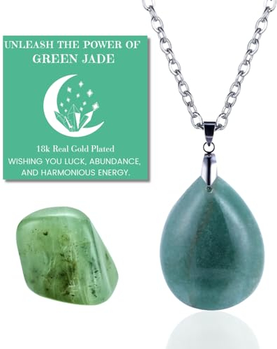 Halukakah Naturstein Kristall Halskette - LUNARLIEBE - Handgefertigt Plattiert mit Platin Moderner Eleganter Draht, Grüne Jade Tautropfen Form Anhänger und 50cm Kette