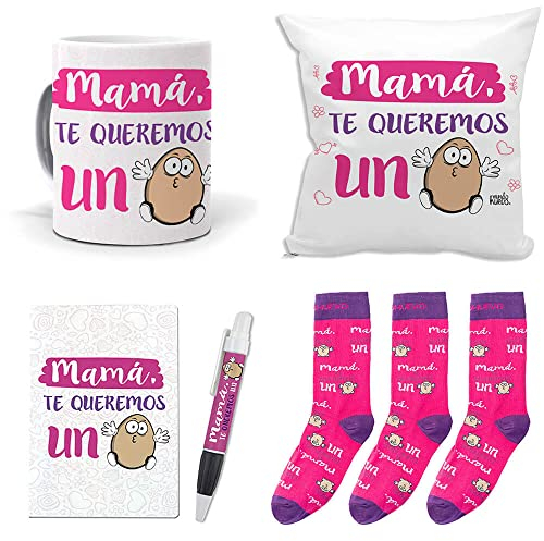 mundohuevo Mega Regalo Personalizado para Madres. Mamá te Queremos un Huevo. Taza, cojin, libreta, boli y Trio de Calcetines