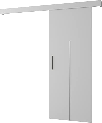 KRYSPOL Schiebetürsystem Salwador 10 Komplett-Set für Schiebetüren, Trennwände Innentüren, Modern Design (weiß matt/Gitter: weiß matt/Griff und Streife: Silber)